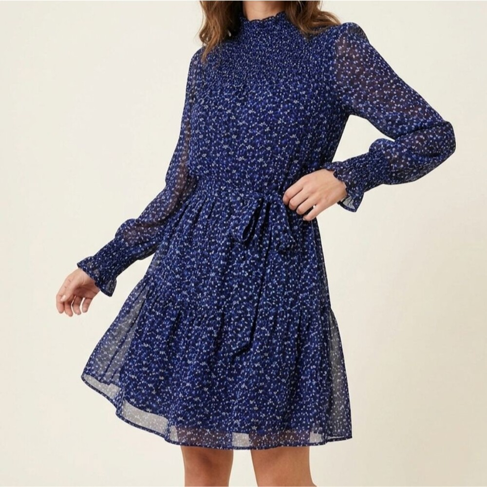 Boden Floral Smocked Tiered Swing Mini Dress Size 4 Blue Tie Waist Feminine Boho